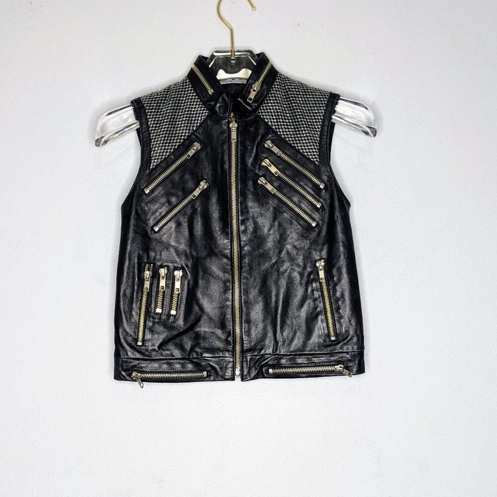Krma Black Leather Zip Up Vest Sleeveless Zipper Detail Size 6